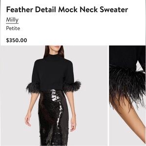 Milly Elegant Black Feather Sleeve Turtleneck Sweater